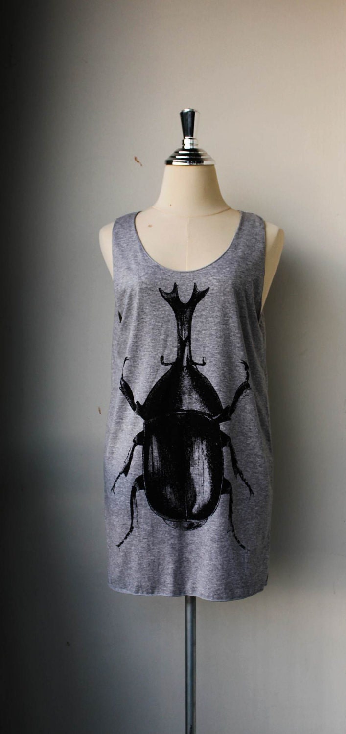 Black Beetle Wild Insect Lover Collection Print on Gray Long Tank Top Shirt Women.