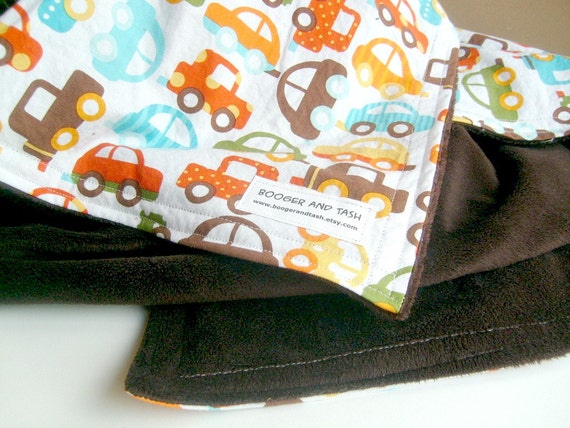 Organic Cotton Baby Blanket Cars Crib or Stroller Blanket with Brown Minky- large
