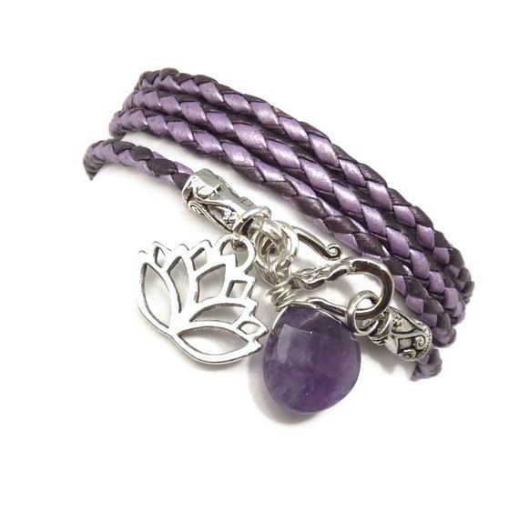 Purple Braided Leather Wrap Bracelet with Lotus Flower and Amethyst Briolette,yoga jewelry, wrapped wrapping,wrist wrap