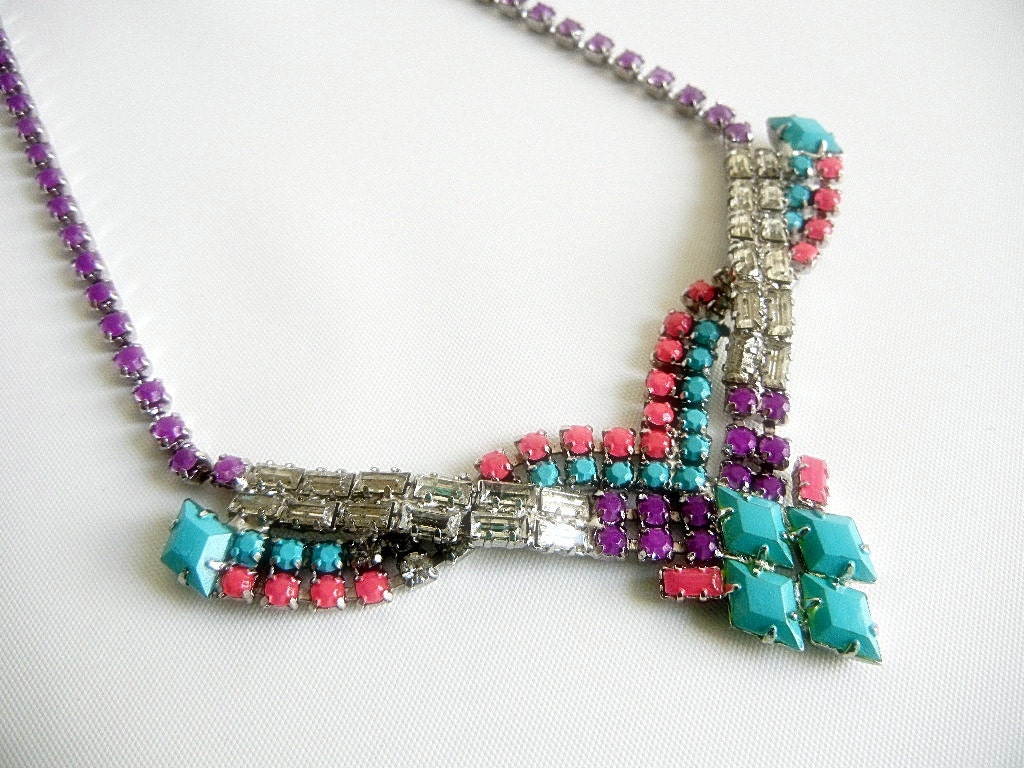 Vintage 1950s One Of A Kind Hand Painted Bold Turquoise Purple and Pink Necklace