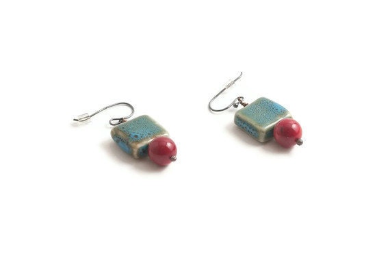 Coral Turquoise Earrings with Oxidized Sterling Silver Cherry Orchard Ooak