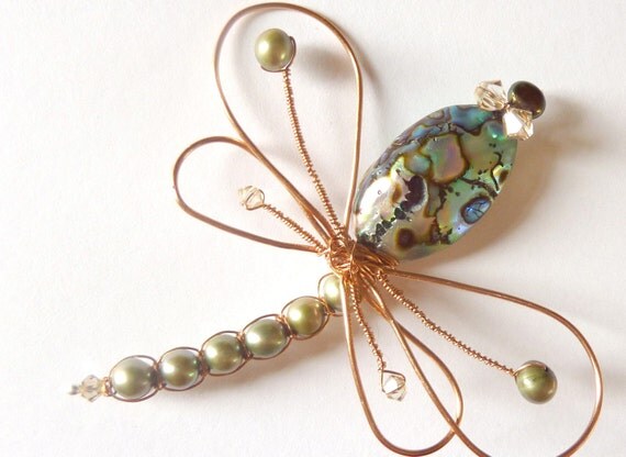 OOAK Sea Abalone and Freshwater Pearl Copper Dragonfly Brooch, Hair pin or Bouquet decoration