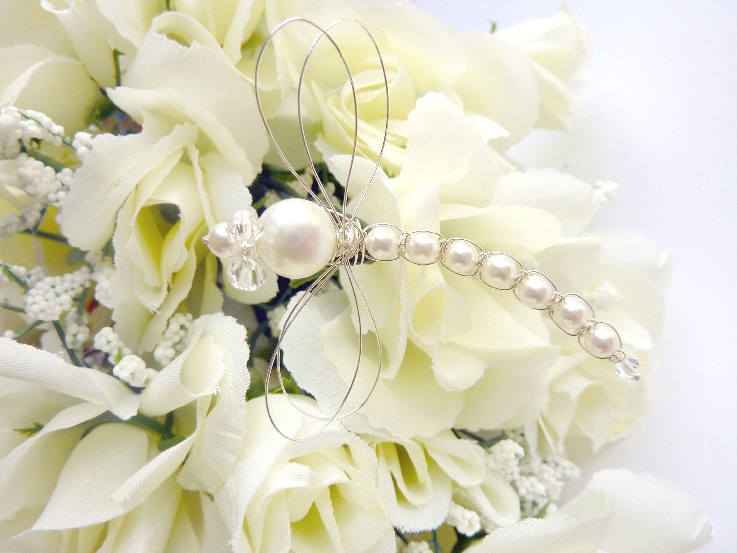 White Swarovski Pearl Dragonfly Wedding Bouquet Decoration