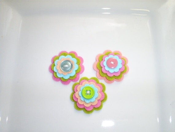 Wool Felt Flowers -  Set of 3  - Coral PInk, Sweet Pea, Bright PInk and Aqua Layered Flowers With Buttons