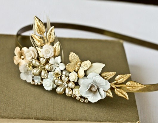 Bridal Headband White Flowers Bridal Gold Headband 