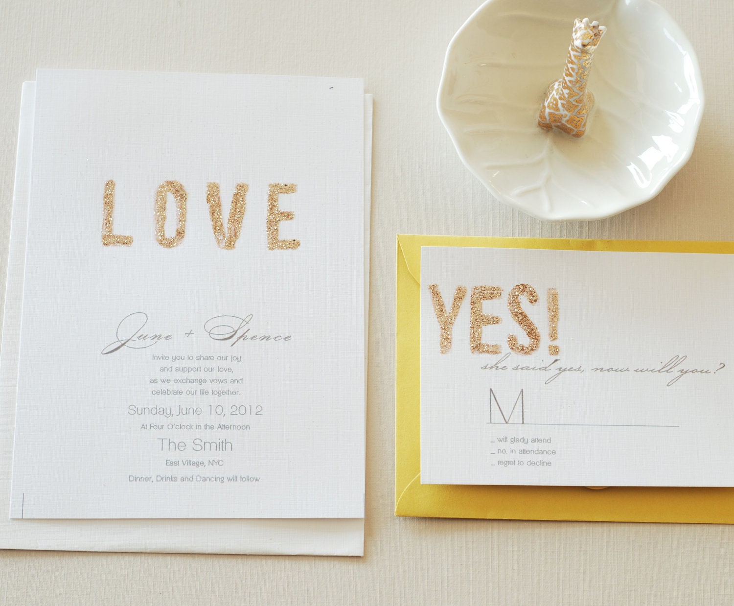 LOVE glitters wedding invite gold white grey chartreuse From umama143