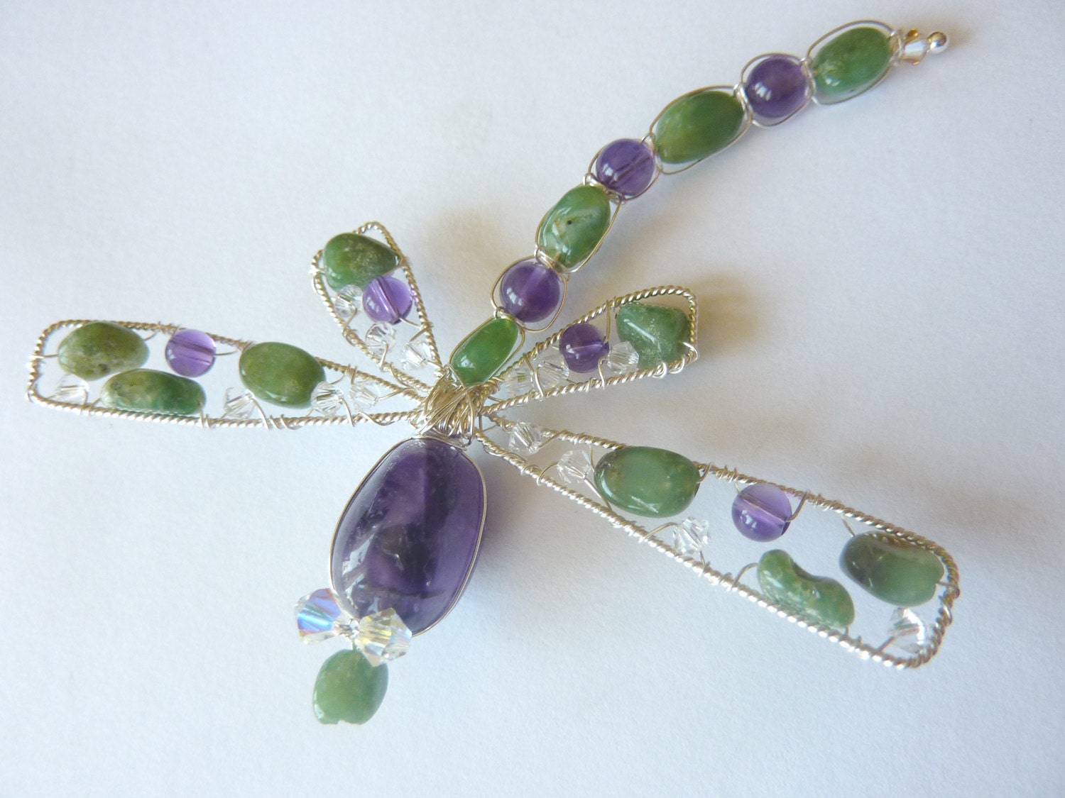 OOAK Amethyst and Chrysoprase Sterling Dragonfly Hair Pin, Clip, Brooch or Bouquet Decoration