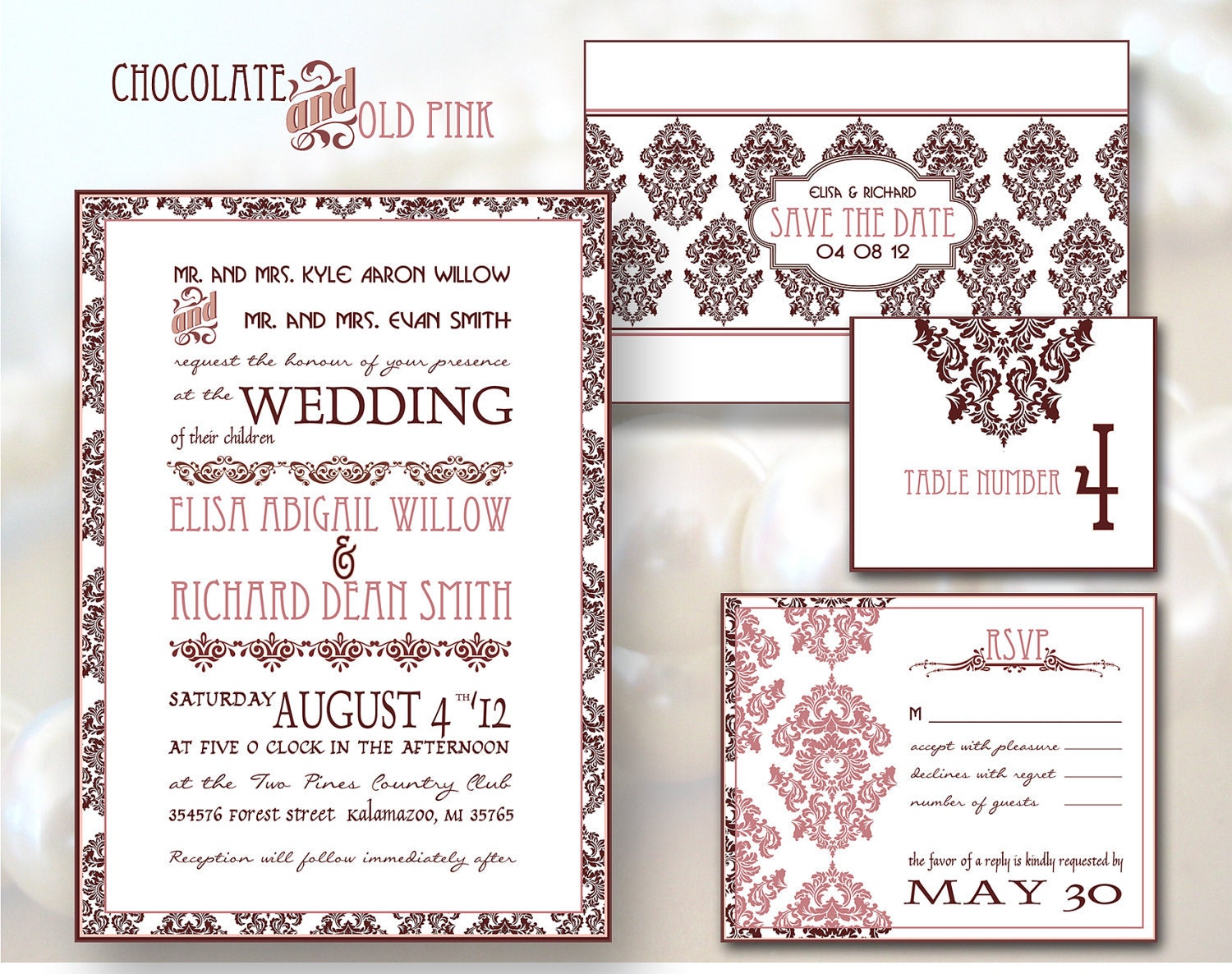 Wedding Invitations PRINTABLE TEMPLATES Chocolate Vintage Pink