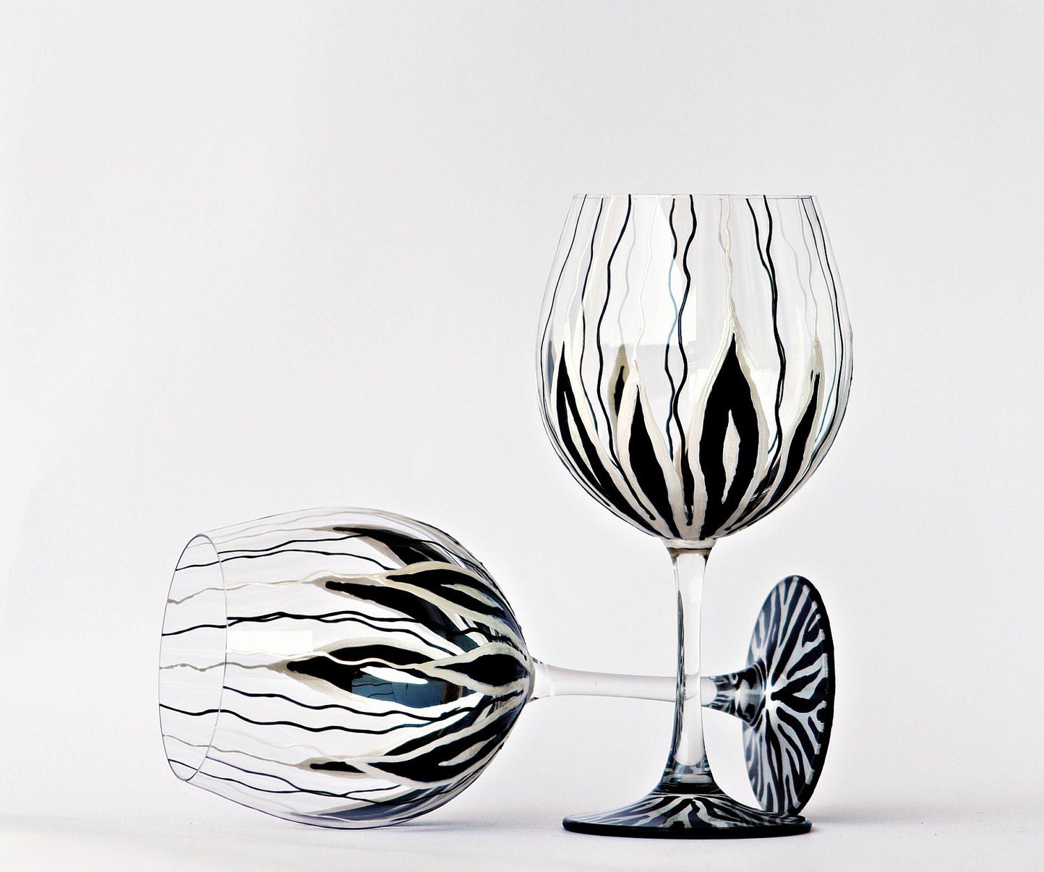 Baloon Wine Glasses Hand Painted Black and White Zebra Set of 2 Wedding 