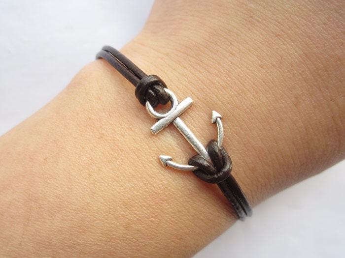Bracelet---antique silver little anchor&brown leather chain