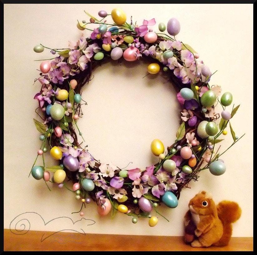 Easter Wreath with Egg Garland and Purple and Pink flowers