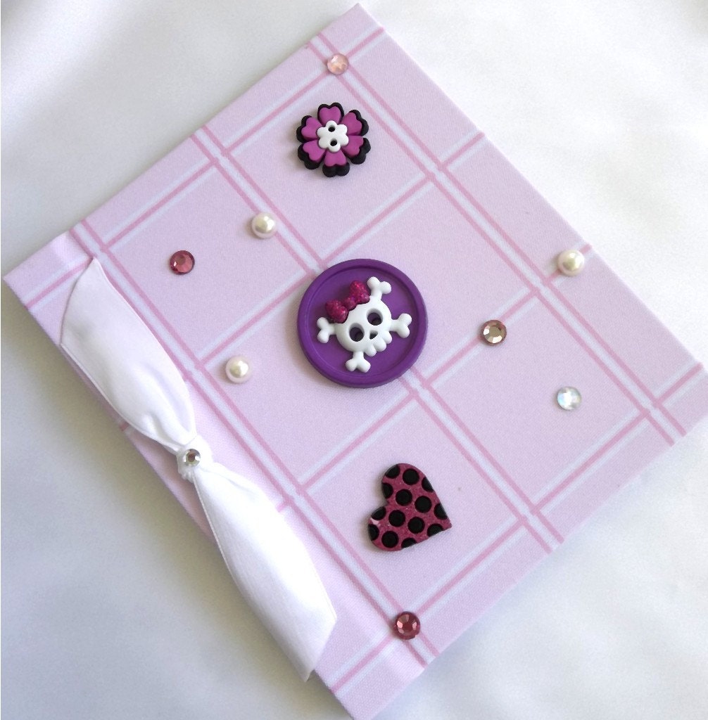 Button Photo Album Pink Plaid  - Skull, Heart, Flower, Rockabilly, Bling