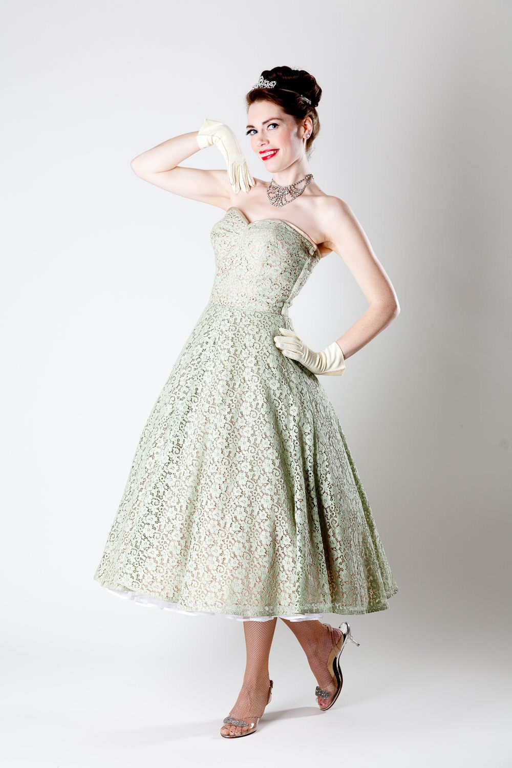 Vintage 1950s Lace Wedding Dress Sage Green Party Prom Spring Fashi