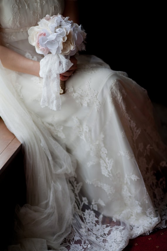 Fabric bridal bouquet, Rustic chic weddings, Fabric flower bouquet, Cotton magnolias, Lace flowers bouquet, Medium sized
