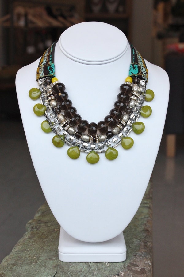Green Fabric Statement Necklace with Semi Precious Stones and Metal Beads