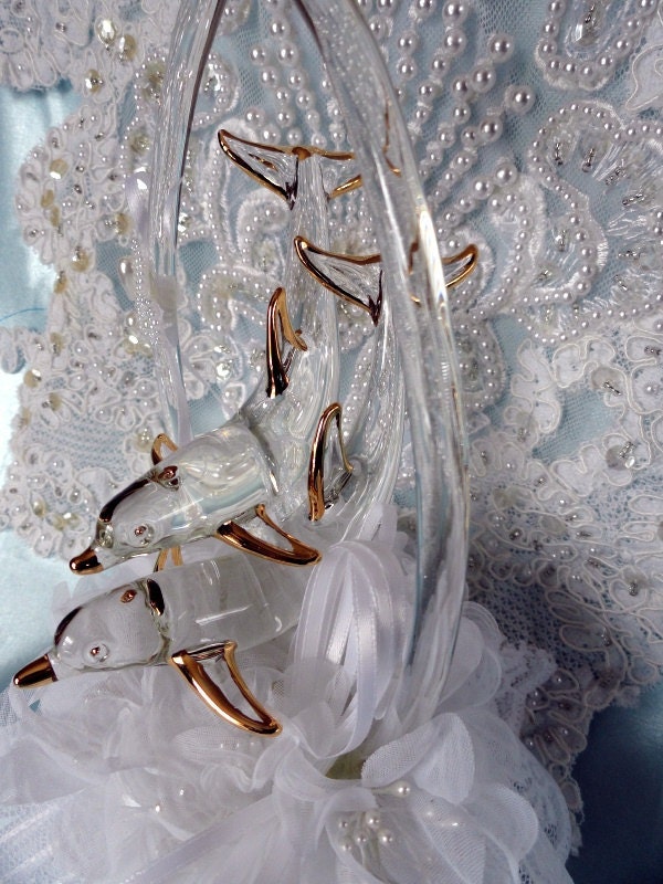 Vintage 1980's Crystal Dolphin Wedding Cake Topper14k Gold TrimNever Used