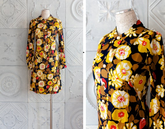 60s Vintage Floral Dress . yellow red blue shift dress . MILLIE RUSH (Medium)