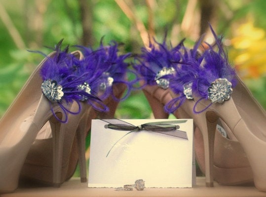 Shoe Clips Royal Purple Feathers Silver Sequins