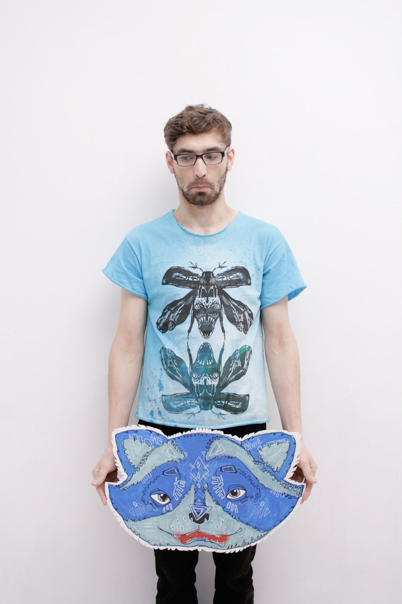 Light blue hand dyed mens  tshirt   with maybugs print