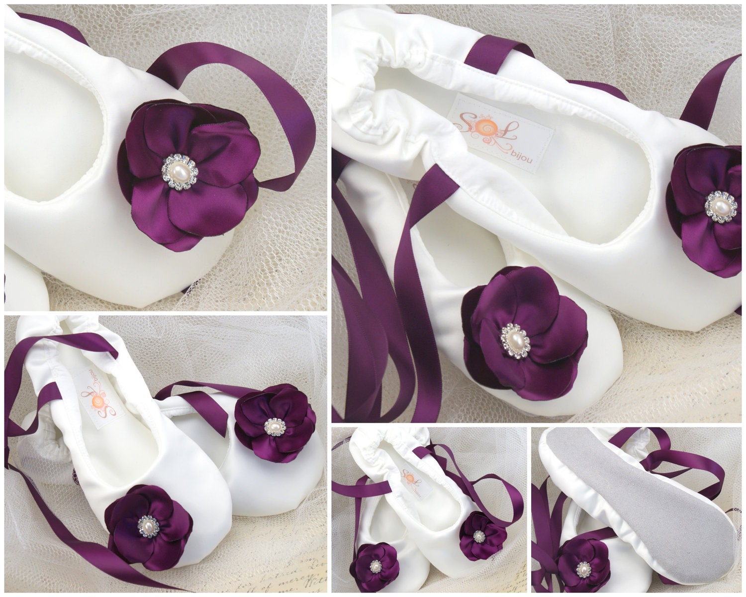 Bridal Ballerina Slippers Bridal Flats in Plum and Ivory with Satin Flower