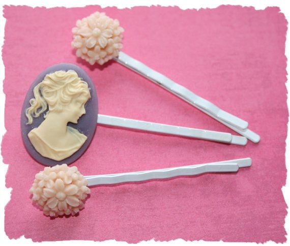 Bobby Pin Trio Antique Victorian Hair Cameo in Lilac and Ivory with Two