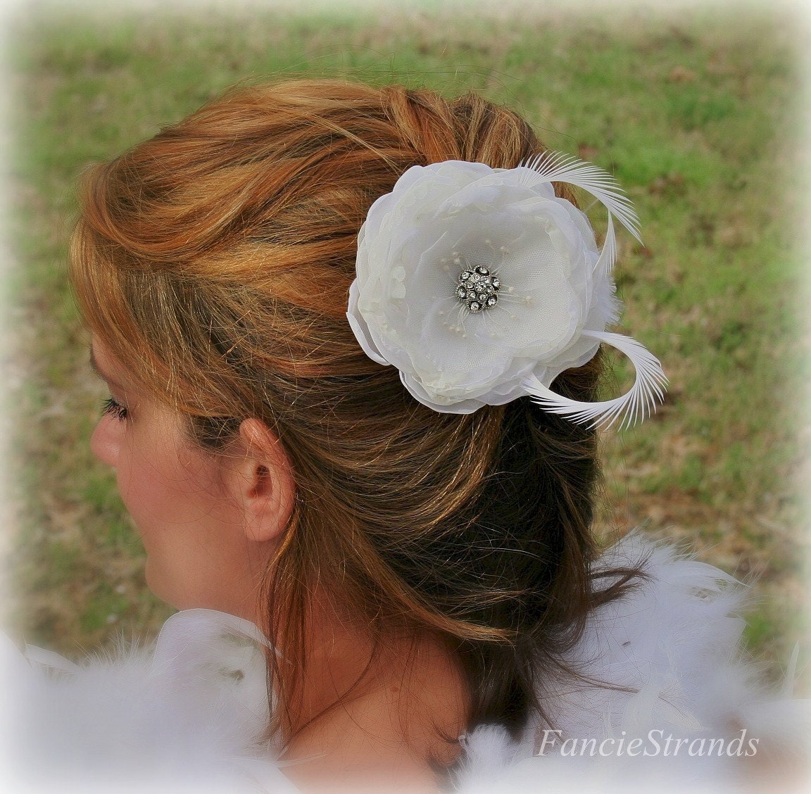 White Bridal Hair Flower, Fascinator, Hair Clip, Bridal, Feather Flower, Fascinator, Hairpiece, Headpiece, Wedding, Rhinestone, Tulle