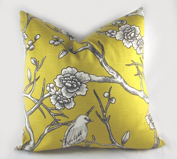 Decorative Pillow Cushion Cover - Accent Pillow - Throw Pillow - Lumbar - Dwell - Vintage Blossom Bird Citrine Yellow White - 18 x 18 Inch