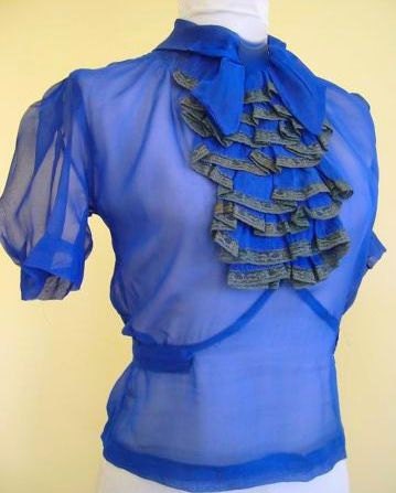 Amazing Vintage 1930s Electric Blue Silk Chiffon Blouse with Ruffle