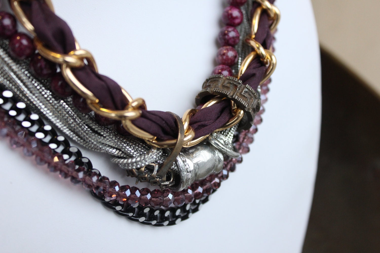 Eggplant Purple Statement Necklace with Chains, Vintage Rings and Silk