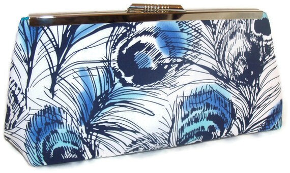 Peacock Feathers in Blue clutch white with blue and turquoise peacock 