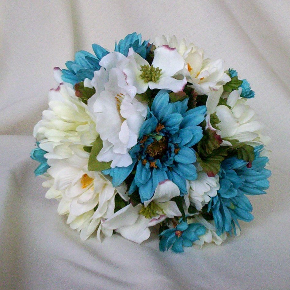 Turquoise Bouquet black Silk wedding Flowers Ready to Ship From AmoreBride