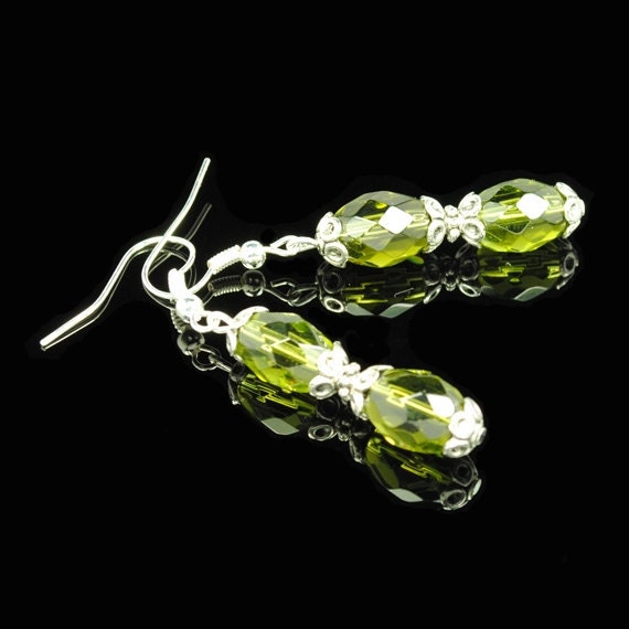 Brilliant Olive Green Swarovski Style Crystal Faceted Rondelle Dangle Earrings - So Classy and Luxury