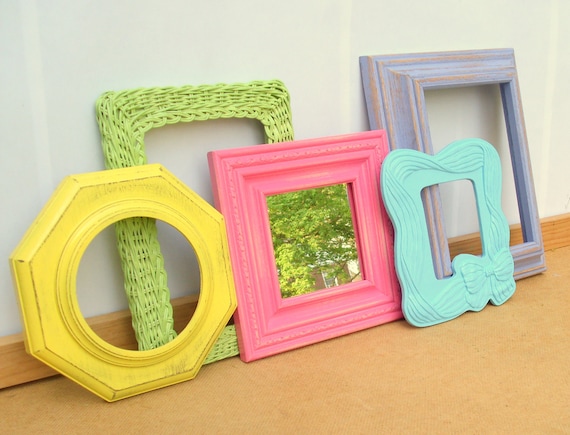 Candy Shop Frame Quintet  - 1 mirror, 4 frames- upcycled shabby cottage chic - painted apple green, yellow, aqua blue, bubblegum pink, lilac