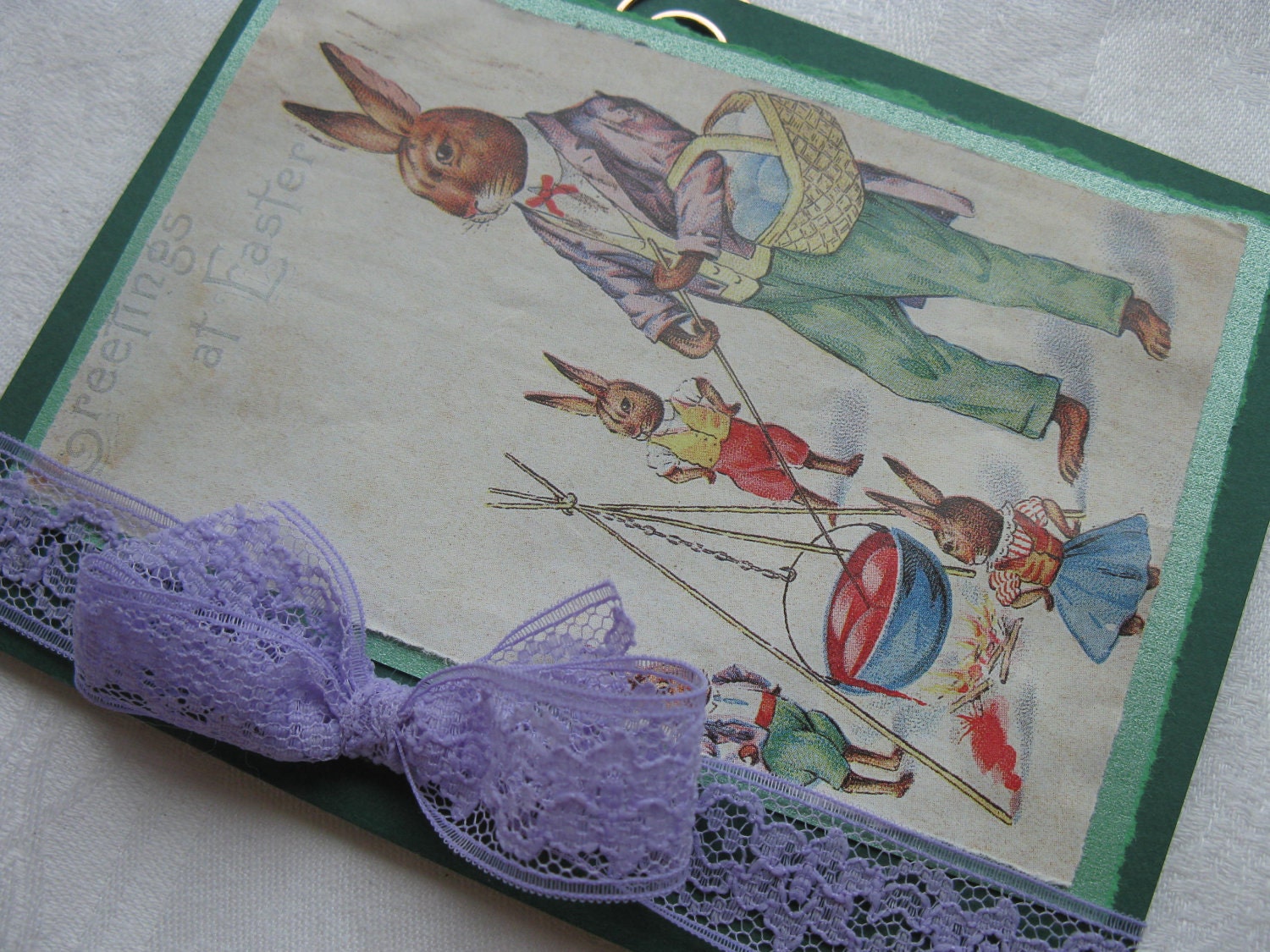 Handmade Easter Card with Repro Vintage Print of Easter Bunny Family Lavender and Green