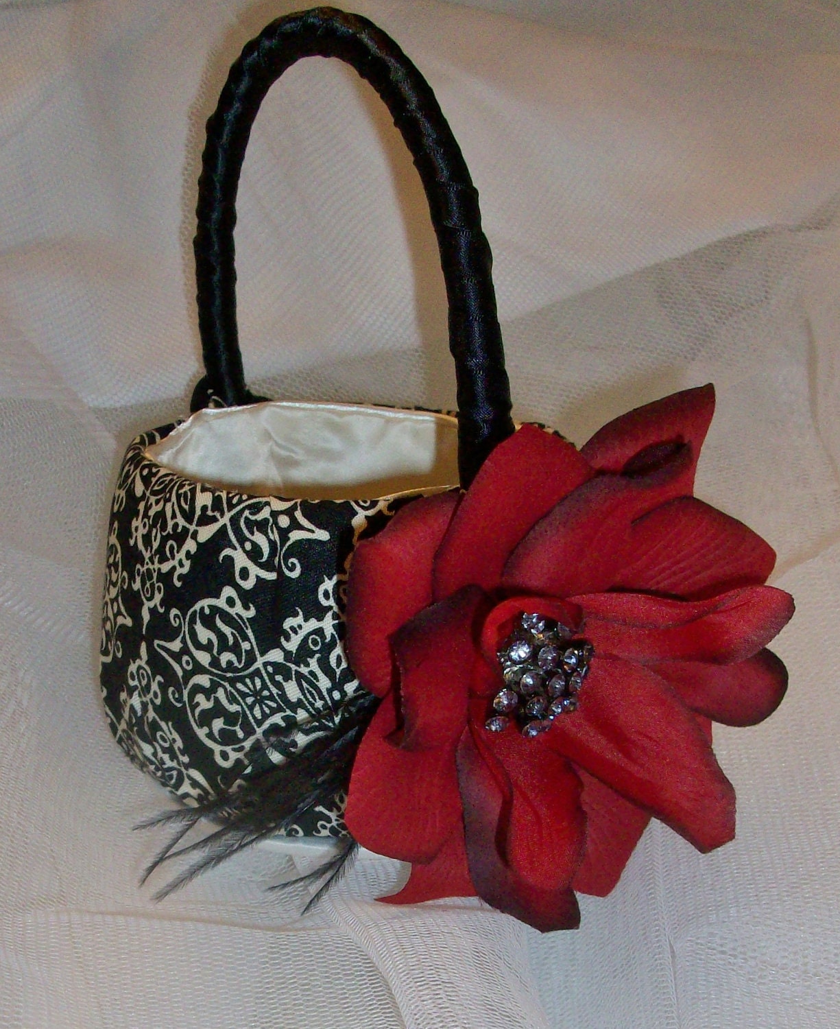 Ivory Black and Deep Red Damask Wedding Theme Flower Girl Basket with red