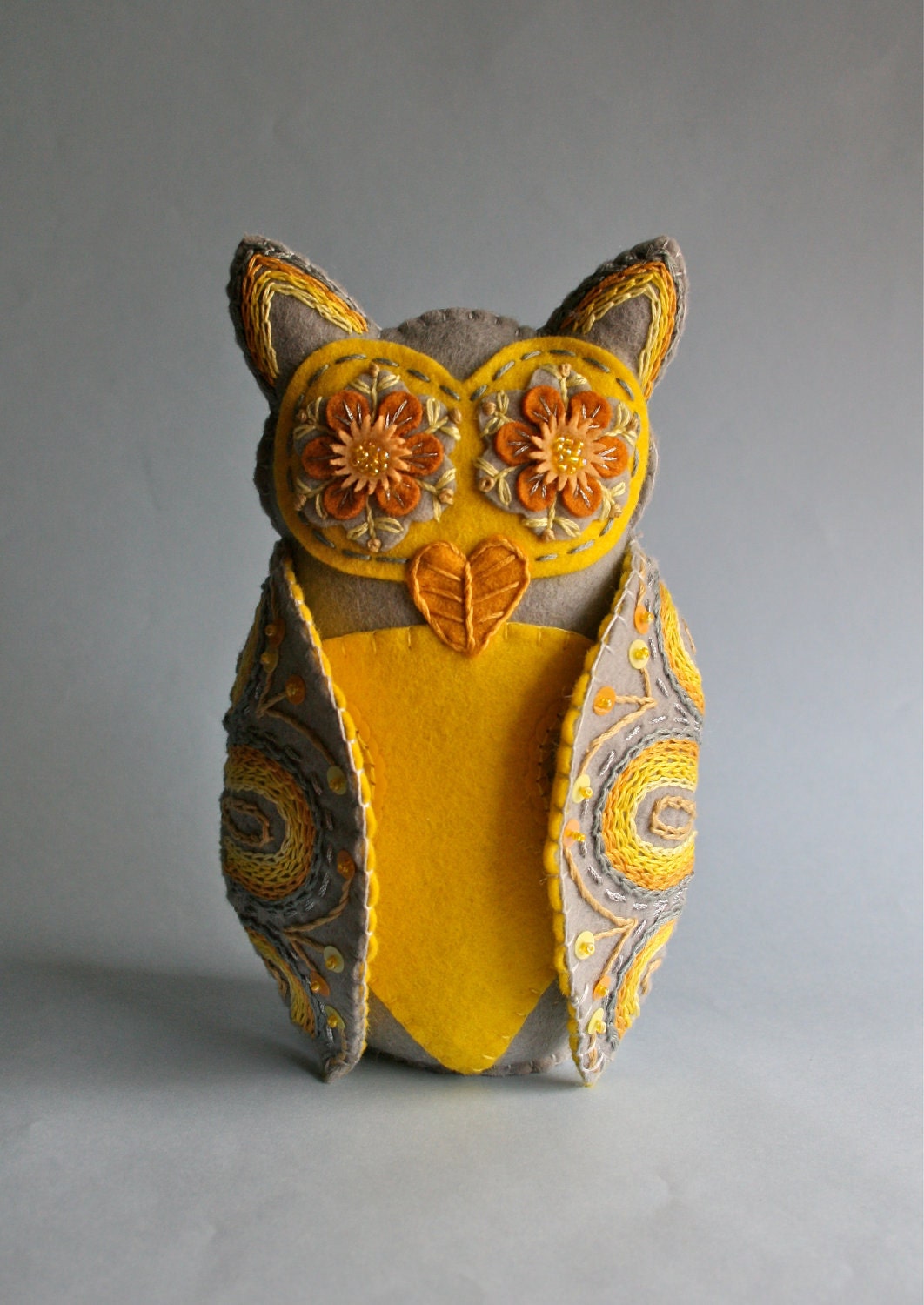 Owl Soft Sculpture- Embroidered Felt- Mexican Folk Art- Grey & Yellow