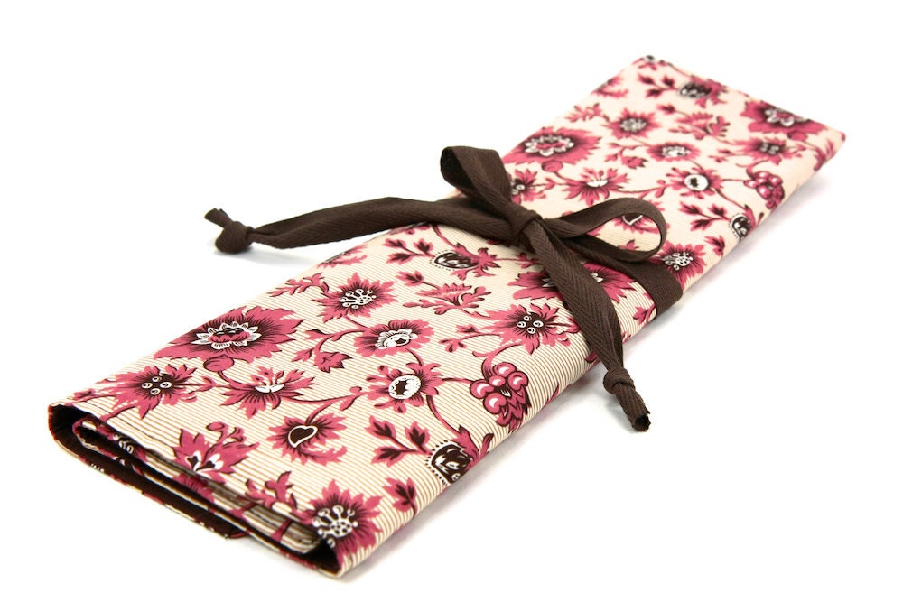Knitting Needle Case or Art Tool Organizer - BANISTER - 30 brown pockets for any sizes, circular, straight, dpn, or paint brushes
