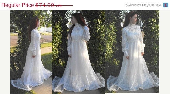 SHOP SALE Wedding Dress SALE Vintage 70s Hippie Bridal Gown White Lace 