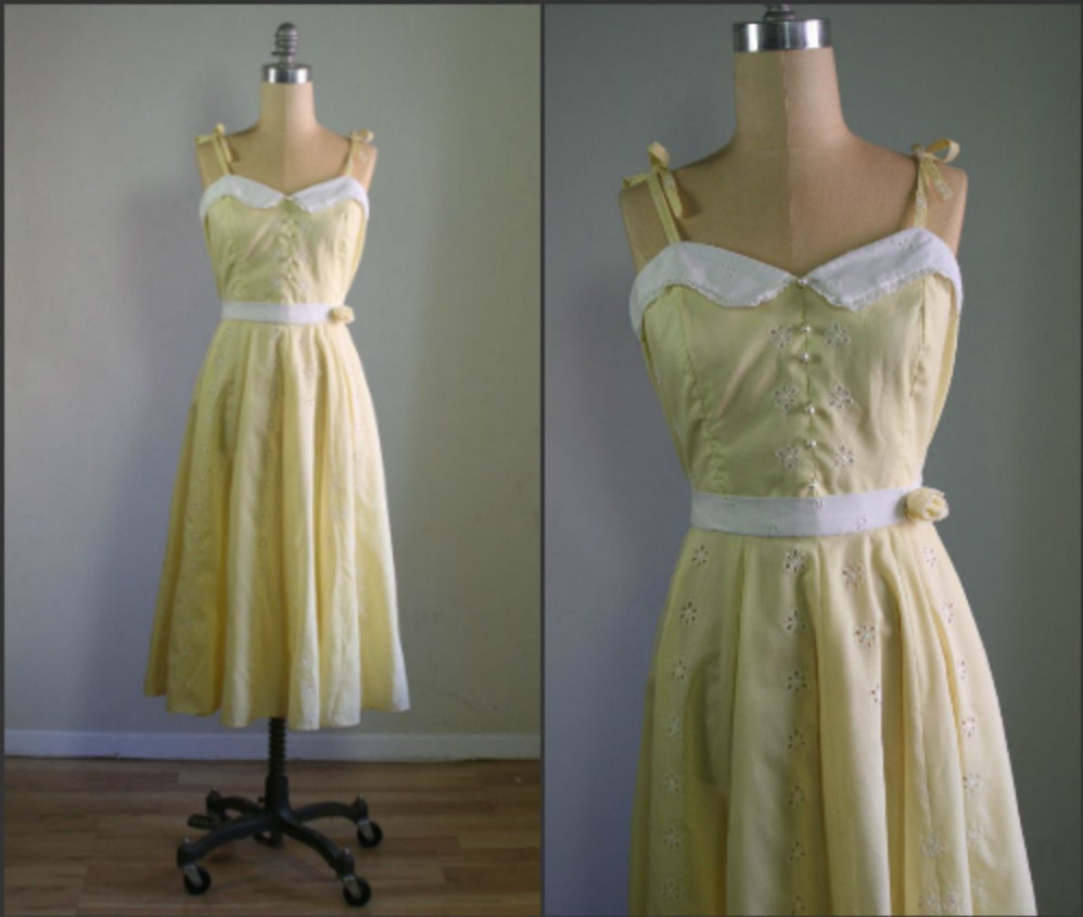 RESERVED  1970s pastel yellow eyelet lace sundress / 70s maxi / midi