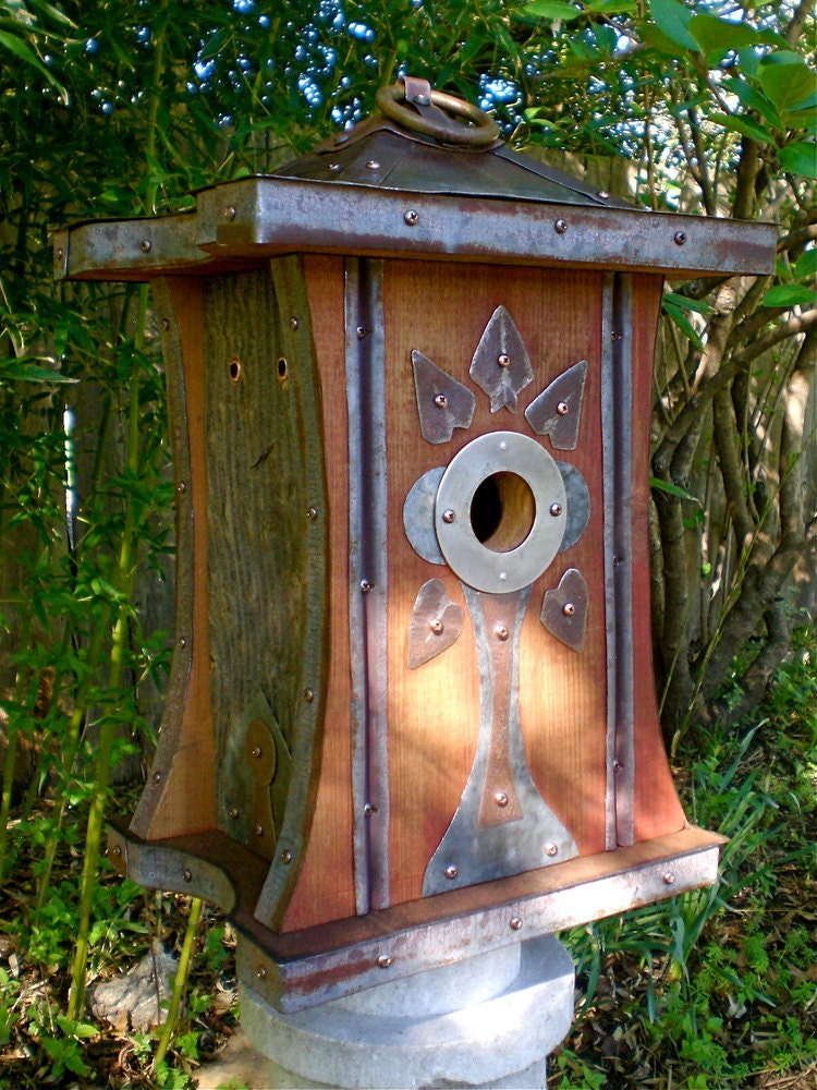 Art Deco Birdhouse Made of Reclaimed Barn Wood and Metal Roofing