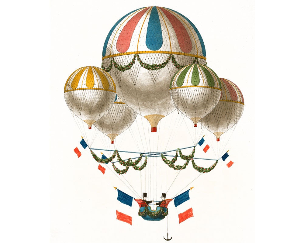 Hot Air Ballon - Hot Air Balloon - French Hot Air Balloon - Retro Poster - 18" X 12" Print