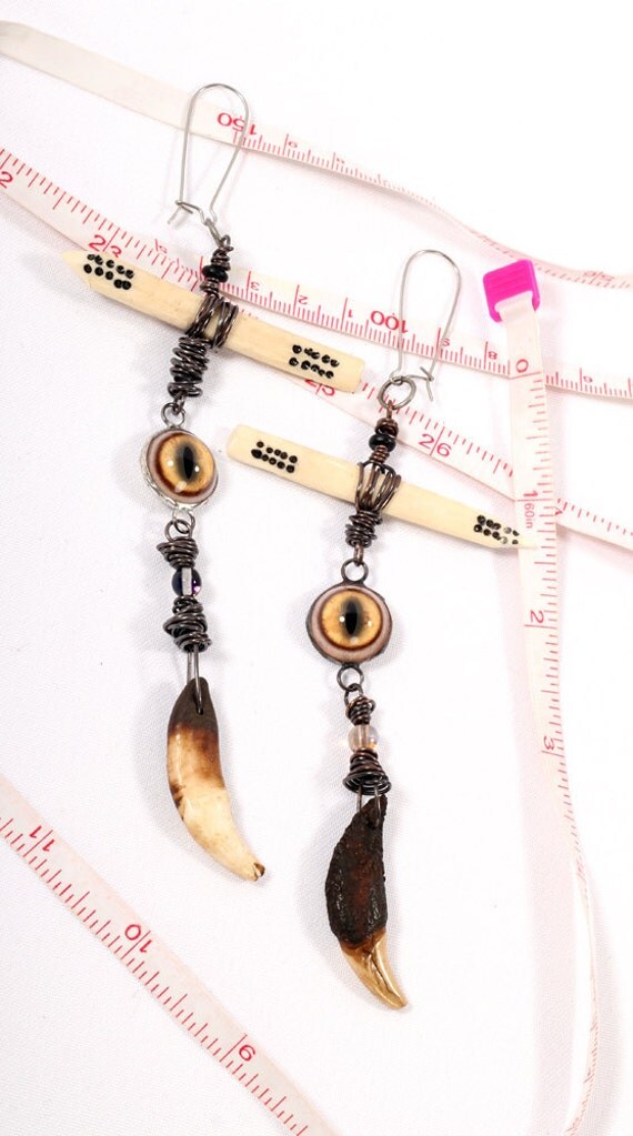 Tribal Earring - Gothic Eyeball Amulets Bones Claws Fortune Teller talisman wire wrapped Gypsy long Dangle OOAK