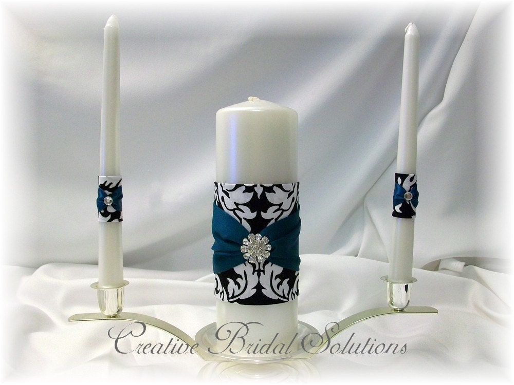 Black and White MM Damask with Teal Wedding Unity Candle SetFrom 
