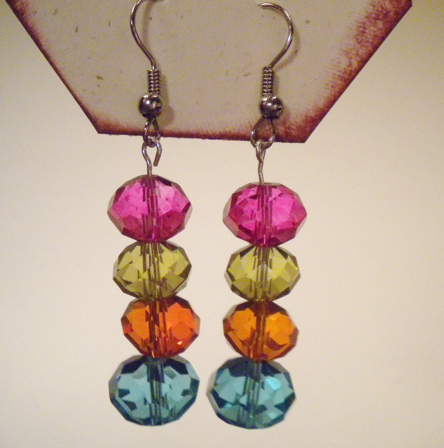 Over the Rainbow czech crystal dangle earrings.  Pink, blue, green and orange
