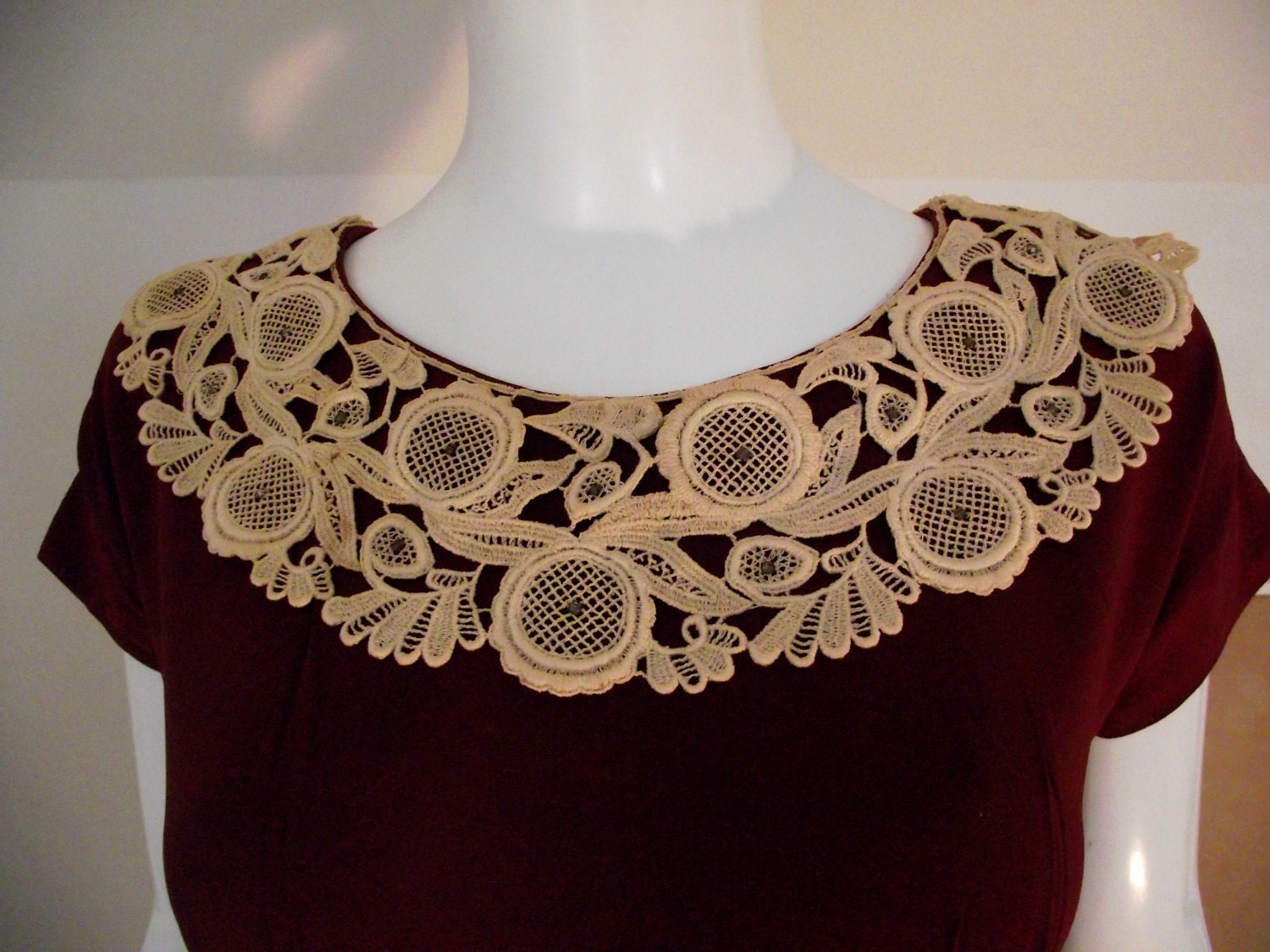Vintage 1930's wine dress with cream lace collar