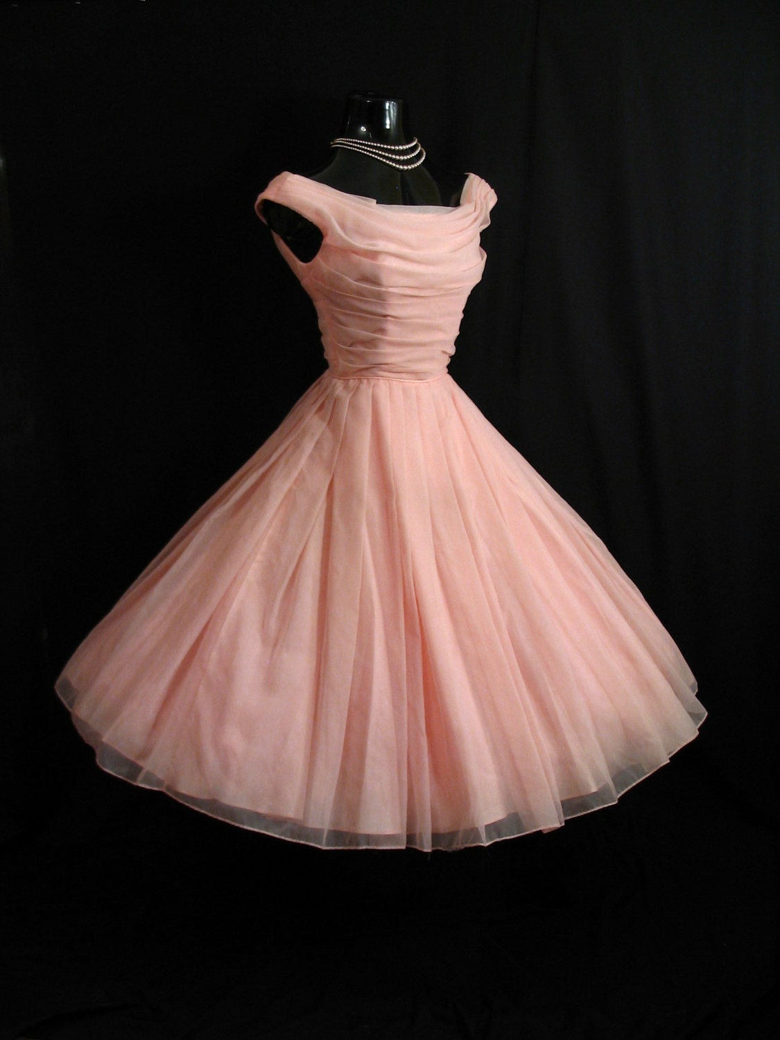 Vintage 1950's 50s Bombshell Jonny Herbert Ruched Pink Chiffon Organza Party Prom Wedding Dress