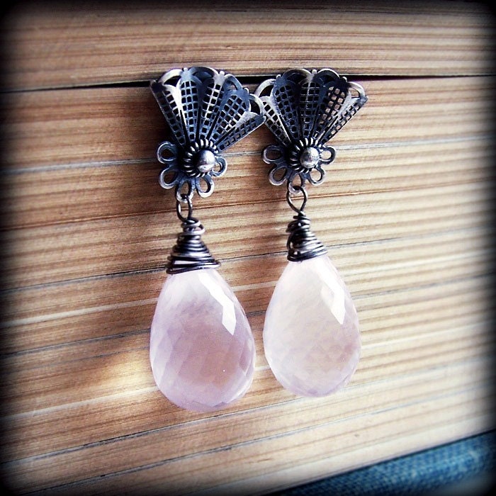 Misty Morning - sterling silver earrings / pink pastel earrings/ metalsmith earrings/ metalwork/ post earrings / studs / filigree/ spring