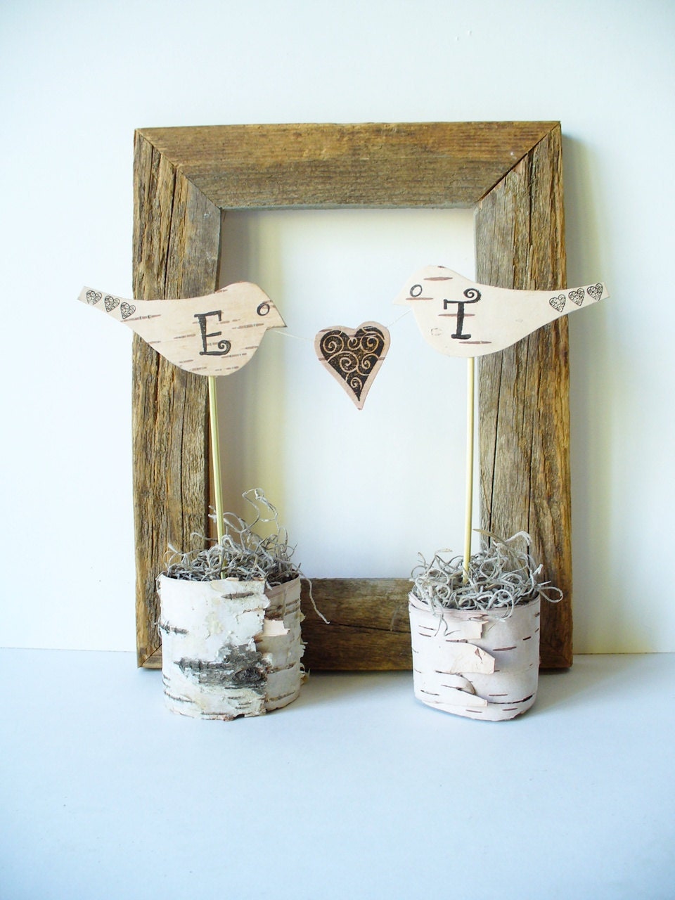 Bird Wedding Cake TopperInitials Birch Bark Birds Hand StampedRustic 