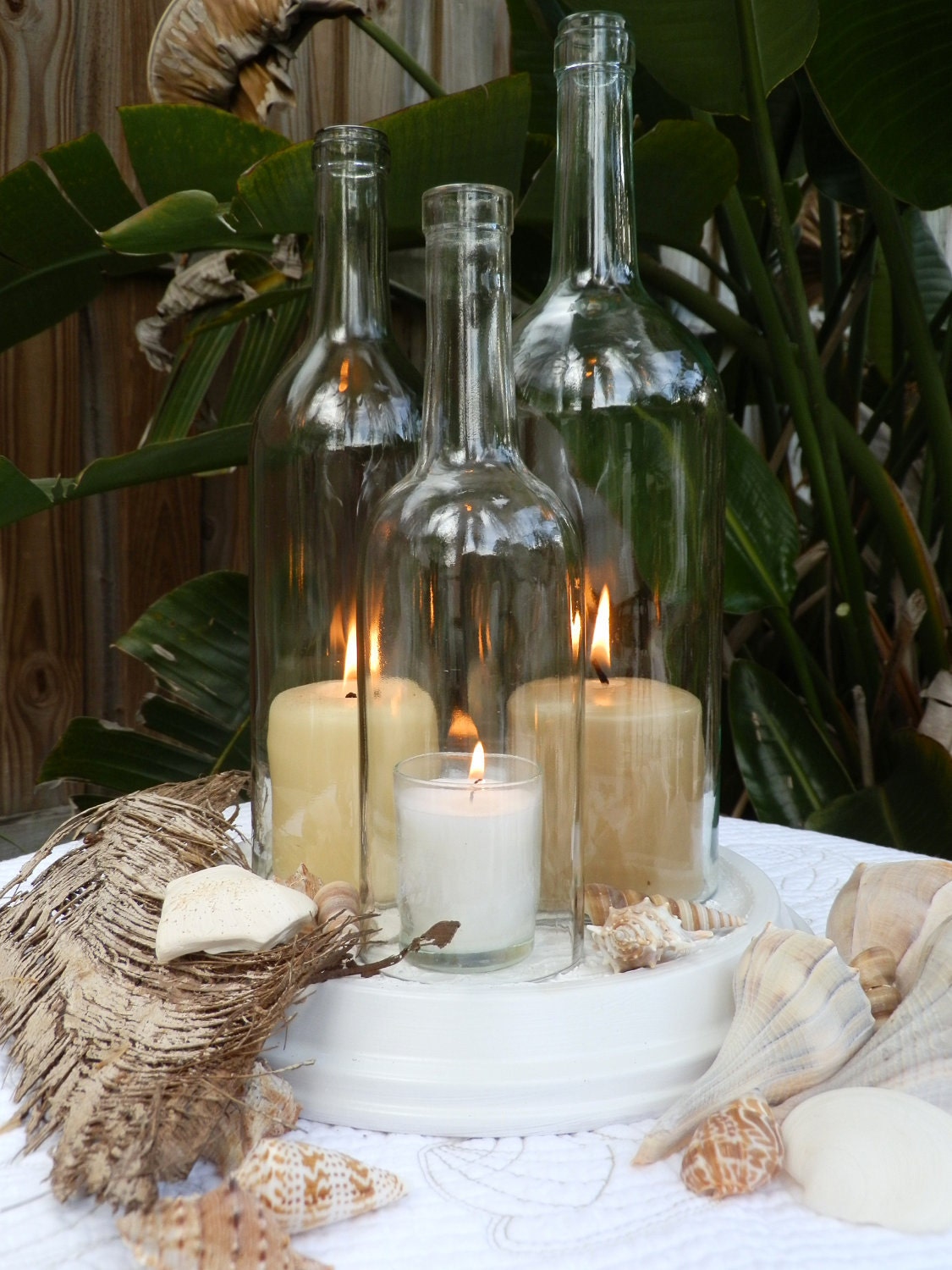 Wedding centerpiece White Triple Wine Bottle Candle Holder Hurricane Lamp