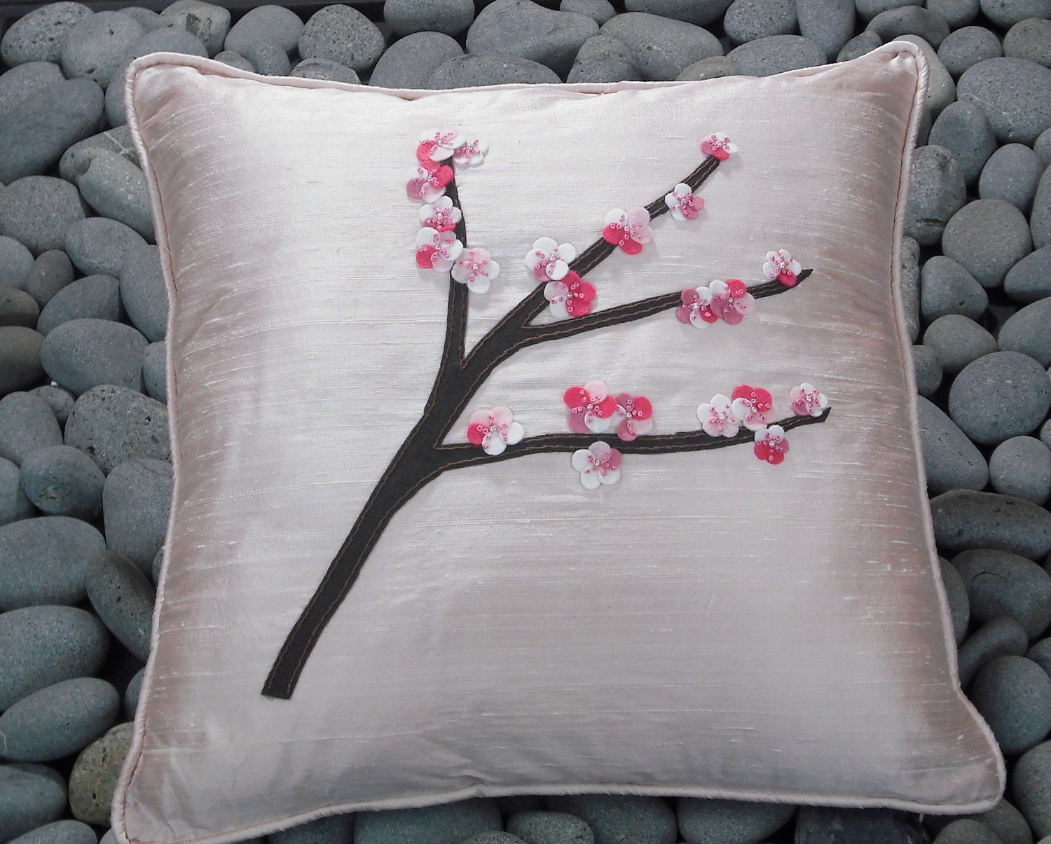 Pink Cherry Blossom Silk Dupioni Pillow with Freshwater Pearls and Felted Flowers